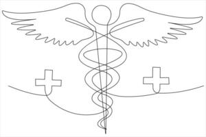 Continuous single line art drawing of caduceus as a symbol of medicine outline vector