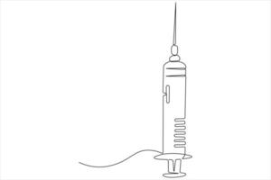 One continuous line drawing of medical disposable plastic syringe with needle applicable for vaccine injection vector