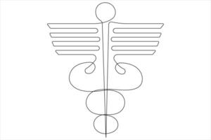 Continuous single line art drawing of caduceus as a symbol of medicine outline vector