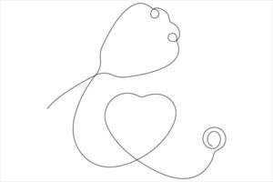 Continuous one line art drawing of stethoscope with love shape outline vector