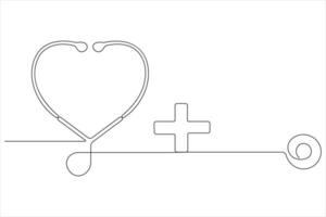 Continuous one line art drawing of stethoscope with love shape outline vector