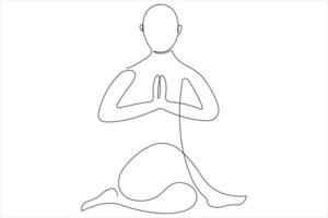 Continuous one line art drawing of man doing exercise in yoga pose outline illustration vector