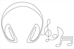 Headphones with music notes continuous one line drawing of musical symbol and vector