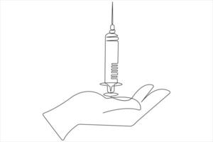 Continuous one line art drawing of hand with syringe outline vector