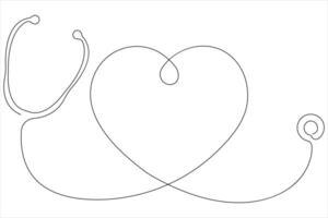 Continuous one line art drawing of stethoscope with love shape outline vector