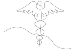 Continuous single line art drawing of caduceus as a symbol of medicine outline vector