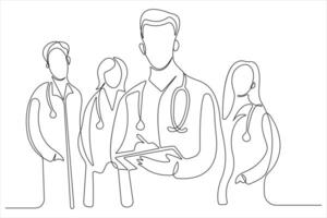Continuous one line art drawing of doctors team doctor day vector