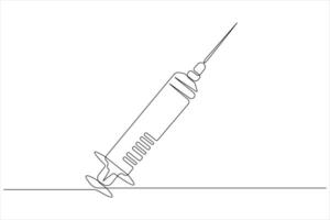 One continuous line drawing of medical disposable plastic syringe with needle applicable for vaccine injection vector