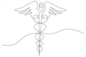 continuo soltero línea Arte dibujo de caduceo como un símbolo de medicina contorno vector