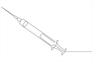 One continuous line drawing of medical disposable plastic syringe with needle applicable for vaccine injection vector