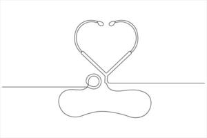 Continuous one line art drawing of stethoscope with love shape outline vector