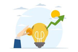 Concept of Investing in knowledge for more success, paying for additional learning and improving skills concept, Businessman hand inserting coin into light bulb while soaring graph. vector