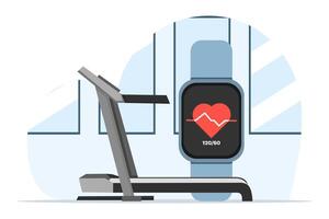 Walking Or Running On A Treadmill Using An App On A Smart Watch To Record Health Conditions Heart Rate, Internet Of Things Background, IoT Illustration Banner. vector