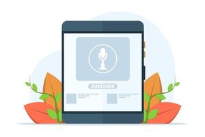 podcast concept. radio studio talking through a microphone and recording an audio podcast or live online interview. headphones, radio host's podcast recording. Explore listening to audio on smartphone vector