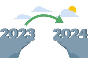 concept of ambition to jump the gap from the old year 2023 to 2024, 2024 for business success, year resolution or opportunity, motivation and work enjoyment. flat illustration. vector