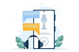 podcast concept. radio studio talking through a microphone and recording an audio podcast or live online interview. headphones, radio host's podcast recording. Explore listening to audio on smartphone vector