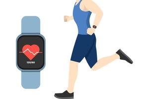 caminando o corriendo en un rueda de andar utilizando un aplicación en un inteligente reloj a grabar salud condiciones corazón tasa, Internet de cosas fondo, iot ilustración bandera. vector