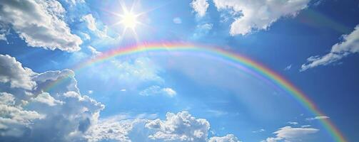 un arco iris arqueo a través de el cielo, simbolizando esperanza y alegría en Pascua de Resurrección día. azul cielo con blanco nubes en el antecedentes. foto