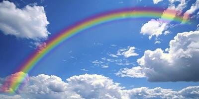 un arco iris arqueo a través de el cielo, simbolizando esperanza y alegría en Pascua de Resurrección día. azul cielo con blanco nubes en el antecedentes. foto