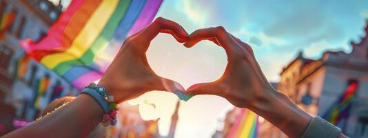 hands making a heart shape with a rainbow flag waving in the background during a pride parade celebration, love and diversity concept photo