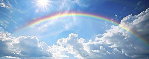 un arco iris arqueo a través de el cielo, simbolizando esperanza y alegría en Pascua de Resurrección día. azul cielo con blanco nubes en el antecedentes. foto