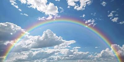 un arco iris arqueo a través de el cielo, simbolizando esperanza y alegría en Pascua de Resurrección día. azul cielo con blanco nubes en el antecedentes. foto