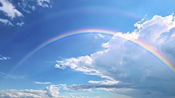 un arco iris arqueo a través de el cielo, simbolizando esperanza y alegría en Pascua de Resurrección día. azul cielo con blanco nubes en el antecedentes. foto