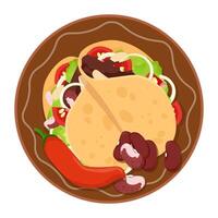 Two Mexican tacos on a plate with chili peppers vector