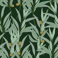 Seamless pattern of olive branches on a dark green background vector