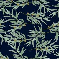 Seamless pattern of olive branches on a dark blue background vector