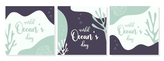 World Oceans Day posters set with seaweed, seashell coral and air bubbles. Harmonious flowing shapes in boho style. vector