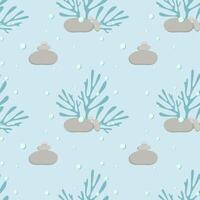 Pattern of seaweed and corals with stones on the bottom of the blue ocean, in pastel colors. vector