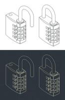 Combination padlock isometric blueprints vector