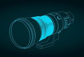 Super-telephoto lens isometric blueprint vector