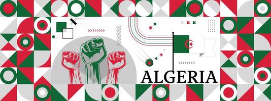 Flag and map of Algeria with raised fists. National day or Independence day design for Counrty celebration. Modern retro design with abstract icons. vector