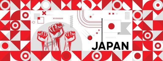 Flag and map of japan with raised fists. National day or Independence day design for Counrty celebration. Modern retro design with abstract icons. vector