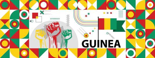 Flag and map of Guinea with raised fists. National day or Independence day design for Counrty celebration. Modern retro design with abstract icons. vector