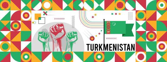 Flag and map of Turkmenistan with raised fists. National day or Independence day design for Counrty celebration. Modern retro design with abstract icons. vector