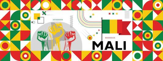 Flag and map of Mali with raised fists. National day or Independence day design for Counrty celebration. Modern retro design with abstract icons. vector