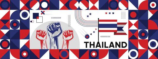 Flag and map of Thailand with raised fists. National day or Independence day design for Counrty celebration. Modern retro design with abstract icons. vector