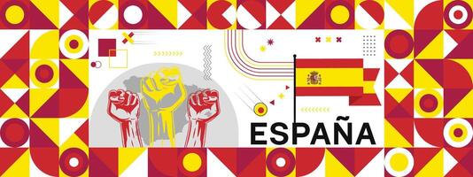 bandera y mapa de espana con elevado puños nacional día o independencia día diseño para país celebracion. moderno retro diseño con resumen iconos vector