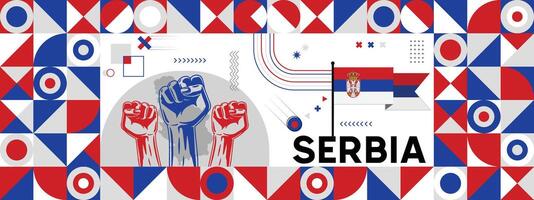 Flag and map of Serbia with raised fists. National day or Independence day design for Counrty celebration. Modern retro design with abstract icons. vector