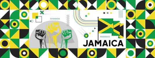 Flag and map of Jamaica with raised fists. National day or Independence day design for Counrty celebration. Modern retro design with abstract icons. vector