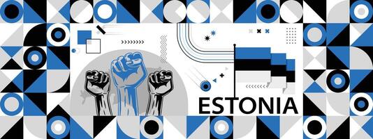 Flag and map of Estonia with raised fists. National day or Independence day design for Counrty celebration. Modern retro design with abstract icons. vector