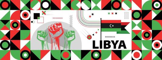 Flag and map of Libya with raised fists. National day or Independence day design for Counrty celebration. Modern retro design with abstract icons. vector