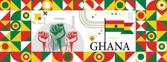 Flag and map of Ghana with raised fists. National day or Independence day design for Counrty celebration. Modern retro design with abstract icons. vector