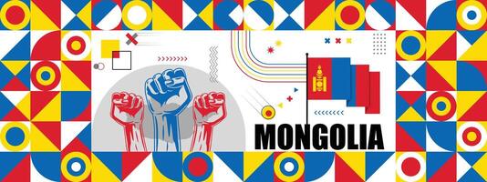 Flag and map of Mongolia with raised fists. National day or Independence day design for Counrty celebration. Modern retro design with abstract icons. vector