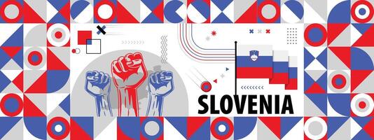 Flag and map of Slovenia with raised fists. National day or Independence day design for Counrty celebration. Modern retro design with abstract icons. vector