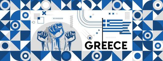 Flag and map of Greece with raised fists. National day or Independence day design for Counrty celebration. Modern retro design with abstract icons. vector