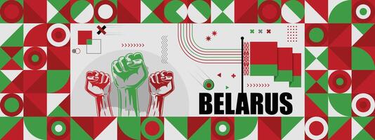 Belarus national or independence day banner for country celebration. Flag and map of Belgium with raised fists. Modern retro design with typorgaphy abstract geometric icons. vector